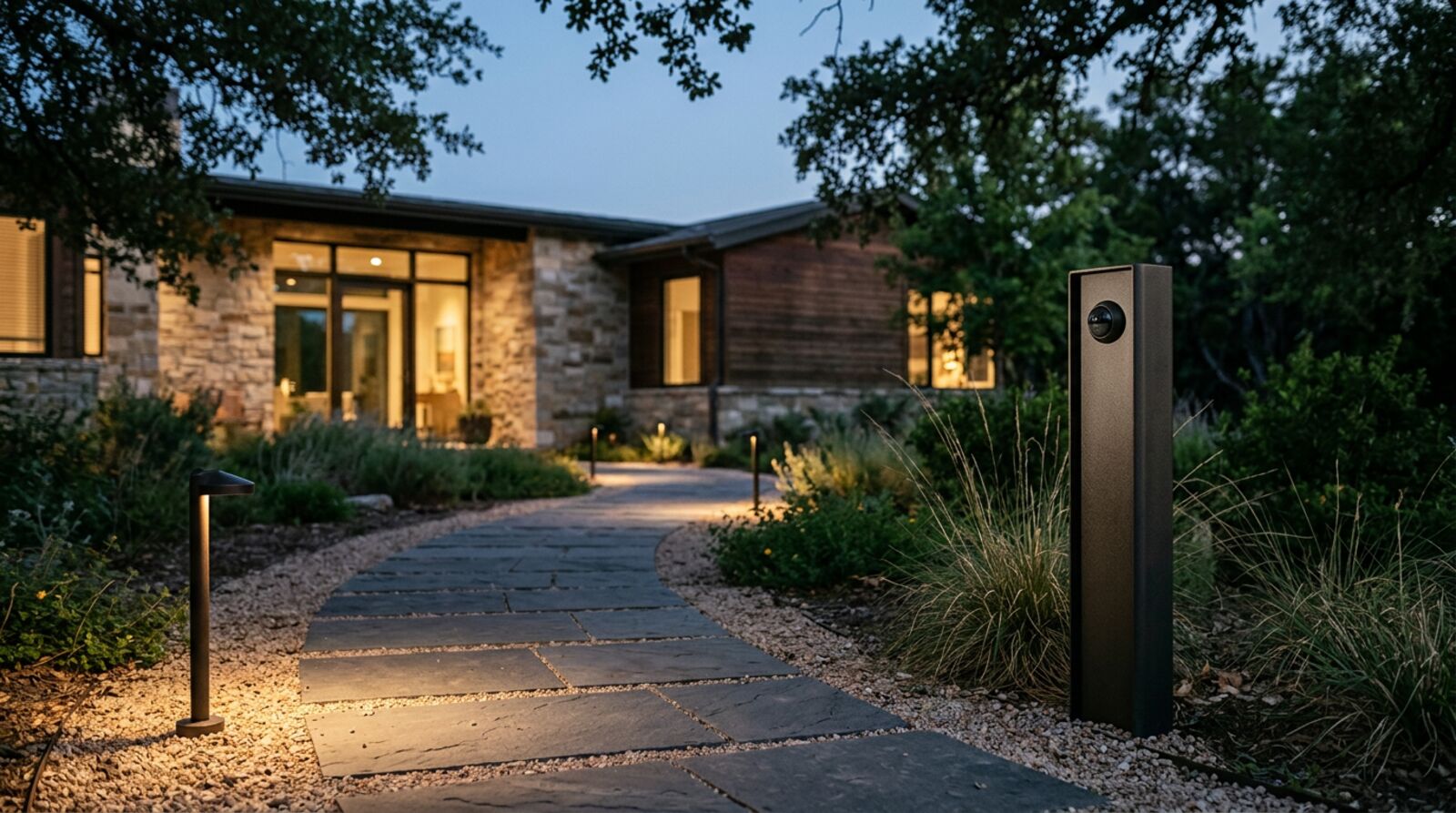 Estate Control — keypad at hallway, soft path light